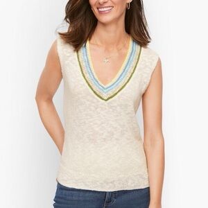 Talbots NWT Tipped V Neck Slub Vest Large Petite LP sweater knit white linen